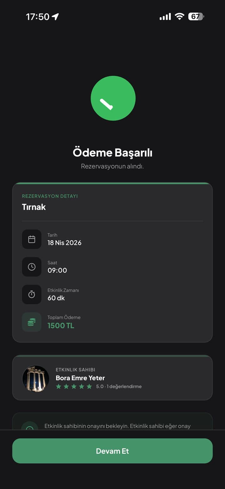 Ödeme başarılı ekranı — iyzico 3D Secure ile onaylanan rezervasyon